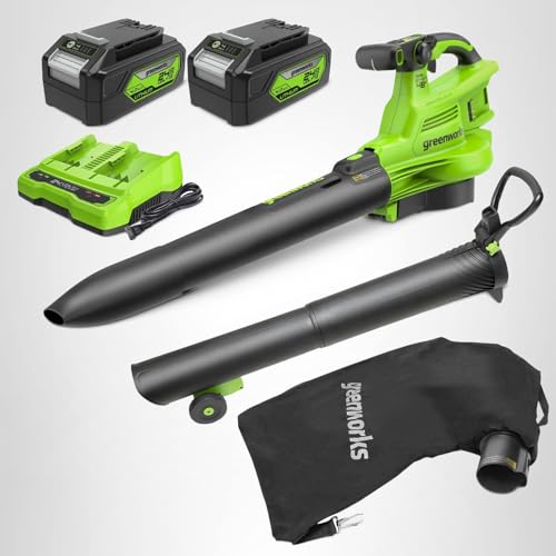 Greenworks 48V cordless brushless leaf blower and vacuum, 520 CFM 240 MPH, includes 2 batteries and dual charger