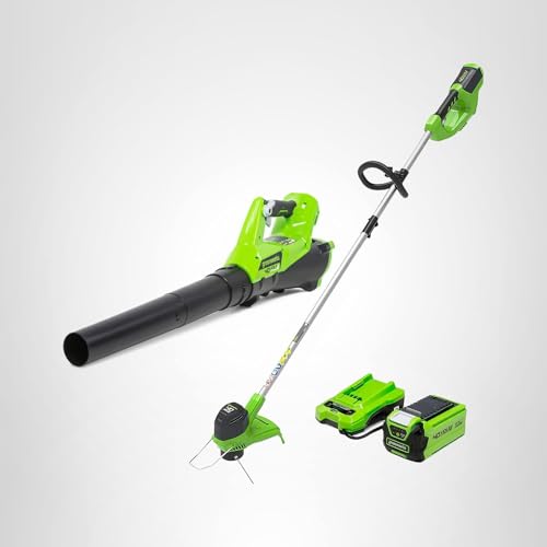 Greenworks 40V cordless combo kit, includes string trimmer and 390 CFM leaf blower with battery and charger
