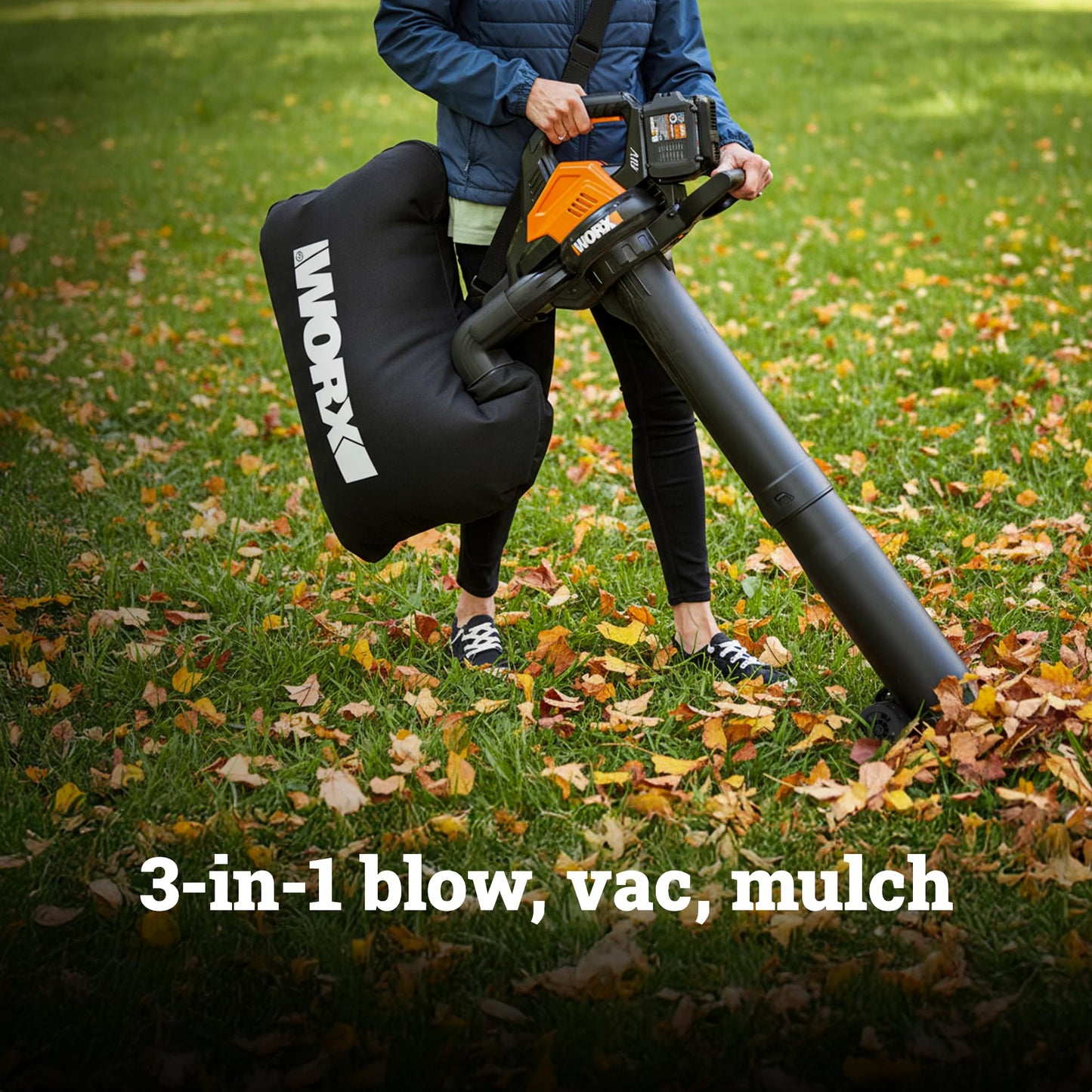 WORX cordless 3 in 1 blower, vacuum and mulcher, brushless motor, 2 speed control, includes batteries and charger