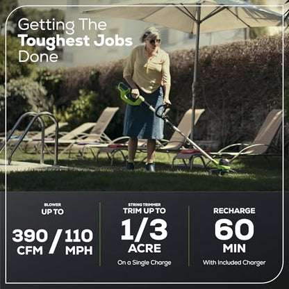 Greenworks 40V cordless combo kit, includes string trimmer and 390 CFM leaf blower with battery and charger