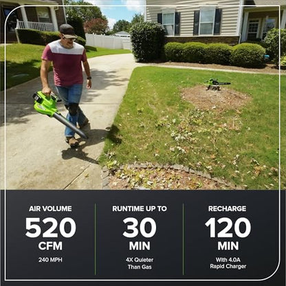 Greenworks 48V cordless brushless leaf blower and vacuum, 520 CFM 240 MPH, includes 2 batteries and dual charger