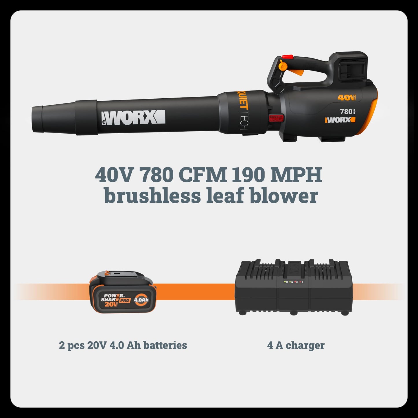 WORX cordless leaf blower, 780 CFM 190 MPH, brushless, quiet high-power blower with 2 batteries and charger