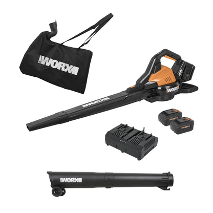 WORX cordless 3 in 1 blower, vacuum and mulcher, brushless motor, 2 speed control, includes batteries and charger