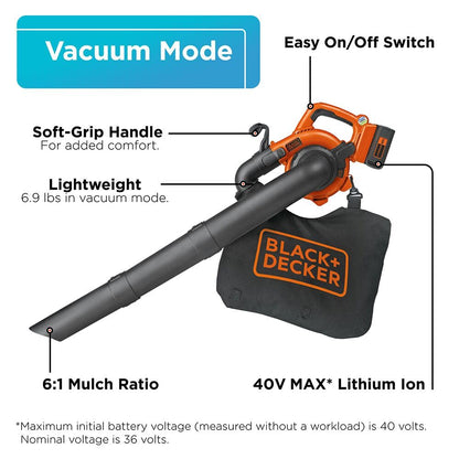 BLACK+DECKER 40V cordless leaf blower, vacuum and mulcher combo, 120 MPH, 6 speed control, battery and charger included