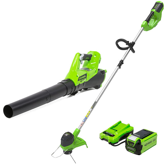 Greenworks 40V cordless combo kit, includes string trimmer and 390 CFM leaf blower with battery and charger