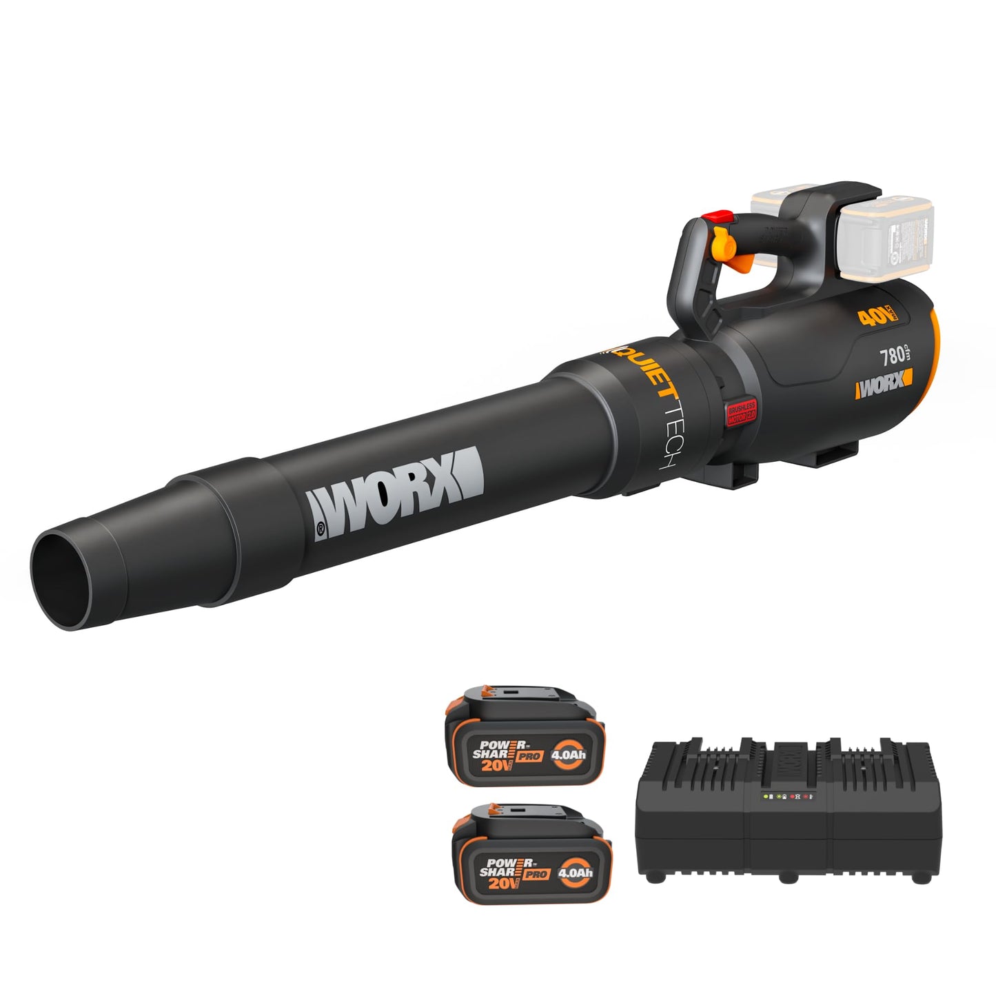 WORX cordless leaf blower, 780 CFM 190 MPH, brushless, quiet high-power blower with 2 batteries and charger
