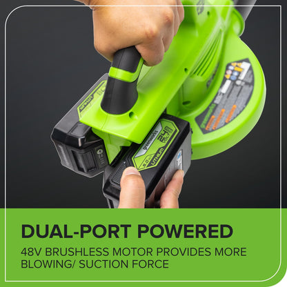 Greenworks 48V cordless brushless leaf blower and vacuum, 520 CFM 240 MPH, includes 2 batteries and dual charger
