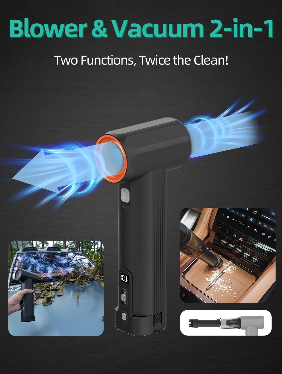 Kica JetFan Max turbo blower, cordless 205 MPH leaf blower, strong airflow for car, patio and lawn cleaning