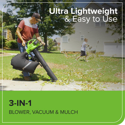 Greenworks 48V cordless brushless leaf blower and vacuum, 520 CFM 240 MPH, includes 2 batteries and dual charger