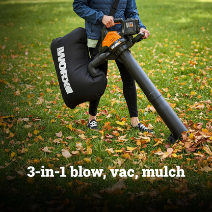 WORX cordless 3 in 1 blower, vacuum and mulcher, brushless motor, 2 speed control, includes batteries and charger